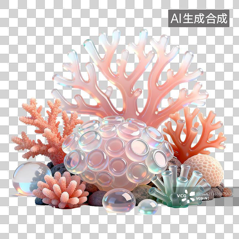 【AI数字艺术】多种珊瑚集合3D卡通C4D渲染透明玻璃质感果冻风插画元素图片素材