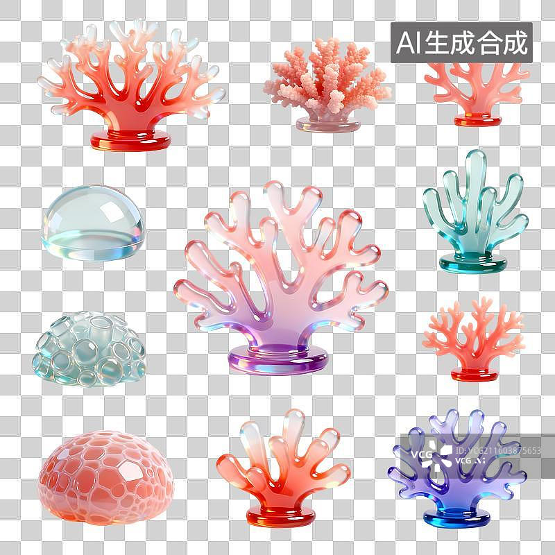 【AI数字艺术】多种珊瑚集合3D卡通C4D渲染透明玻璃质感果冻风插画元素图片素材