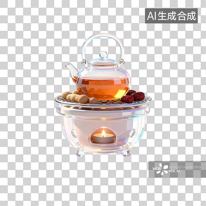【AI数字艺术】围炉煮茶3D卡通C4D渲染透明玻璃质感果冻风插画元素图片素材