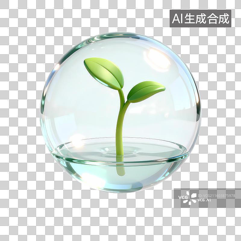 【AI数字艺术】培养皿容器发芽幼苗3D卡通C4D渲染透明玻璃质感果冻风插画元素图片素材