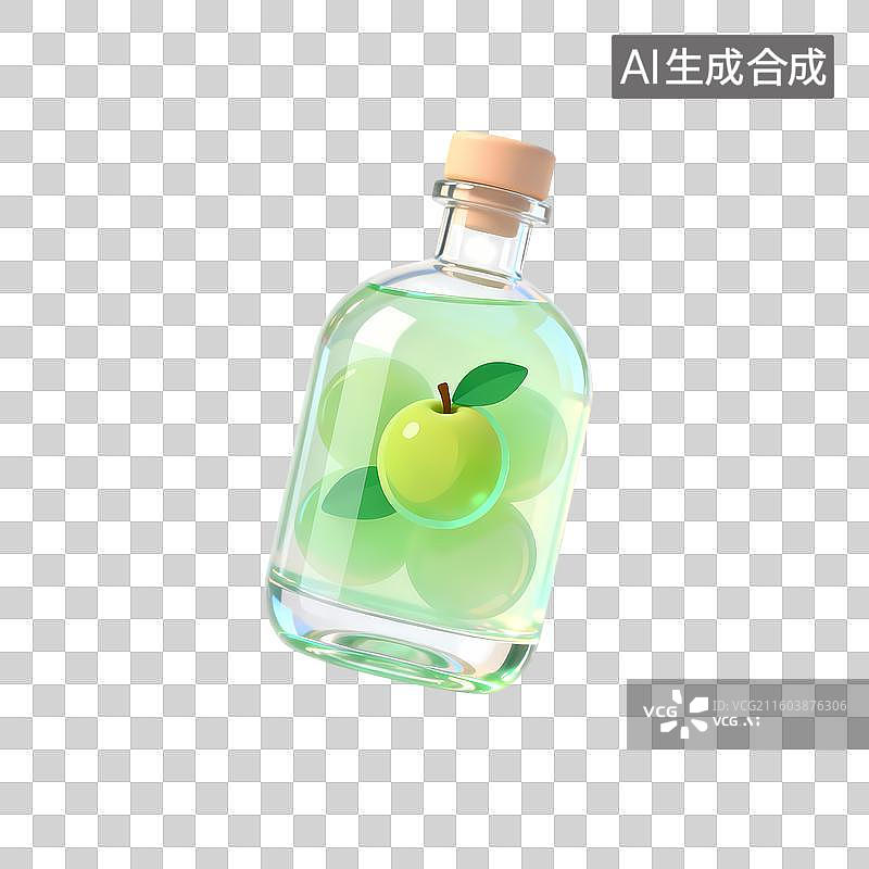 【AI数字艺术】一瓶青梅酒3D卡通C4D渲染透明玻璃质感果冻风插画元素图片素材