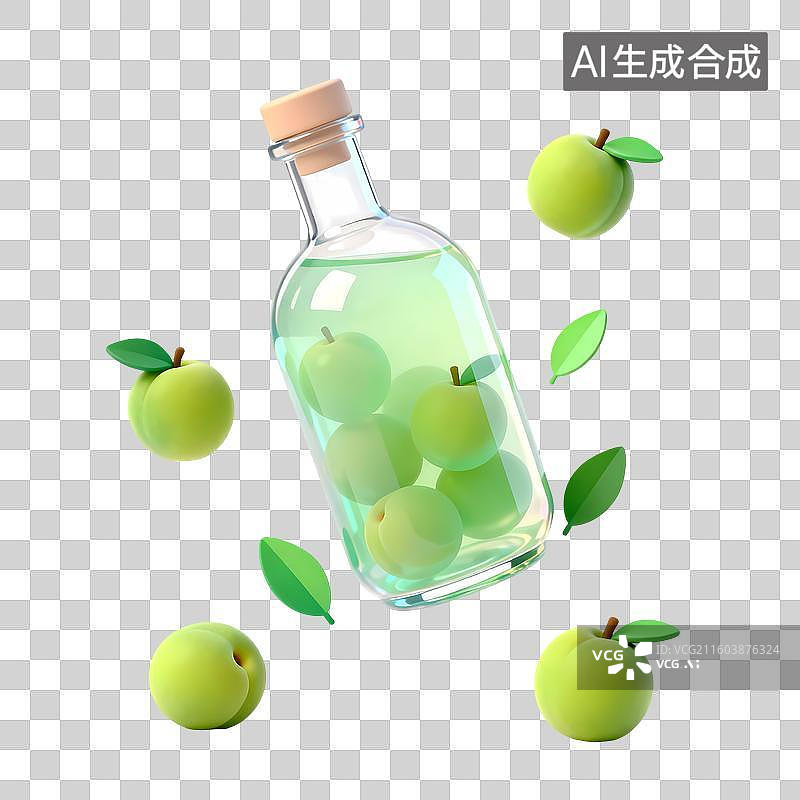 【AI数字艺术】一瓶青梅酒3D卡通C4D渲染透明玻璃质感果冻风插画元素图片素材