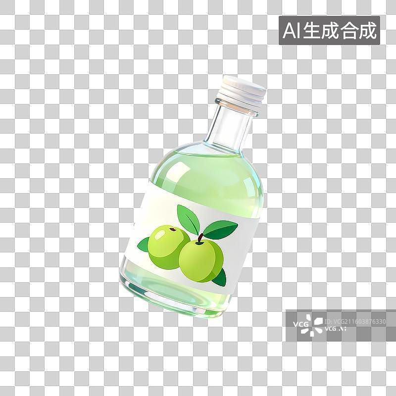 【AI数字艺术】一瓶青梅酒3D卡通C4D渲染透明玻璃质感果冻风插画元素图片素材