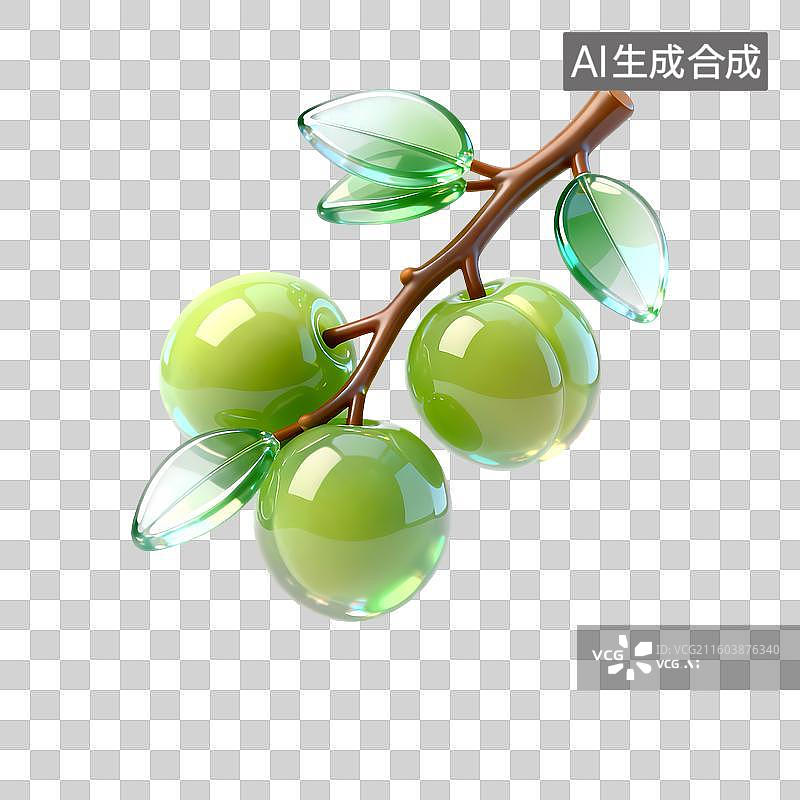 【AI数字艺术】一枝青梅3D卡通C4D渲染透明玻璃质感果冻风插画元素图片素材