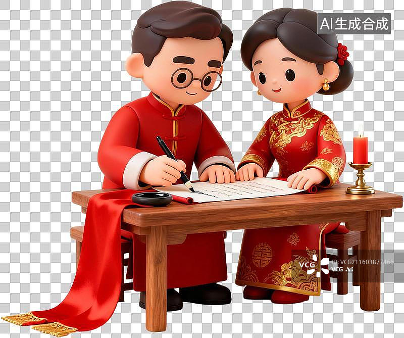 【AI数字艺术】3D卡通插画结婚中式服装中式婚礼插画元素图片素材