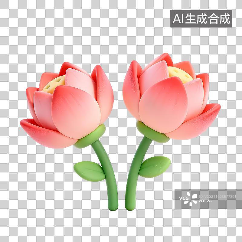 【AI数字艺术】一双并蒂莲花结婚寓意3D卡通清新温暖拟物风C4D渲染插画元素图片素材