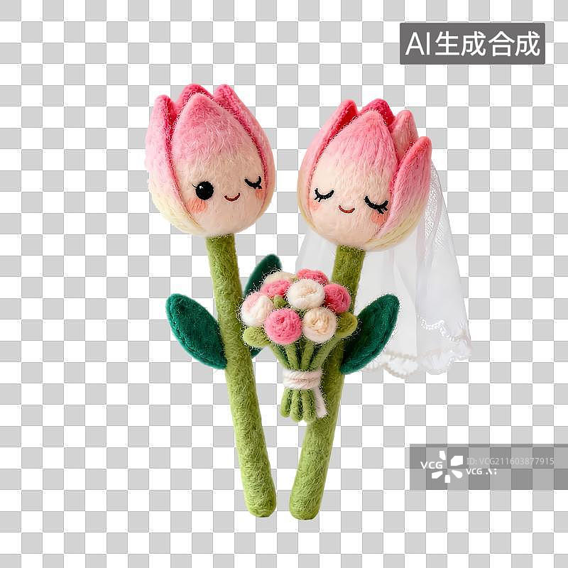 【AI数字艺术】一双并蒂莲花郁金香头纱鲜花拟人3D卡通清新温暖毛毡风C4D渲染插画元素图片素材