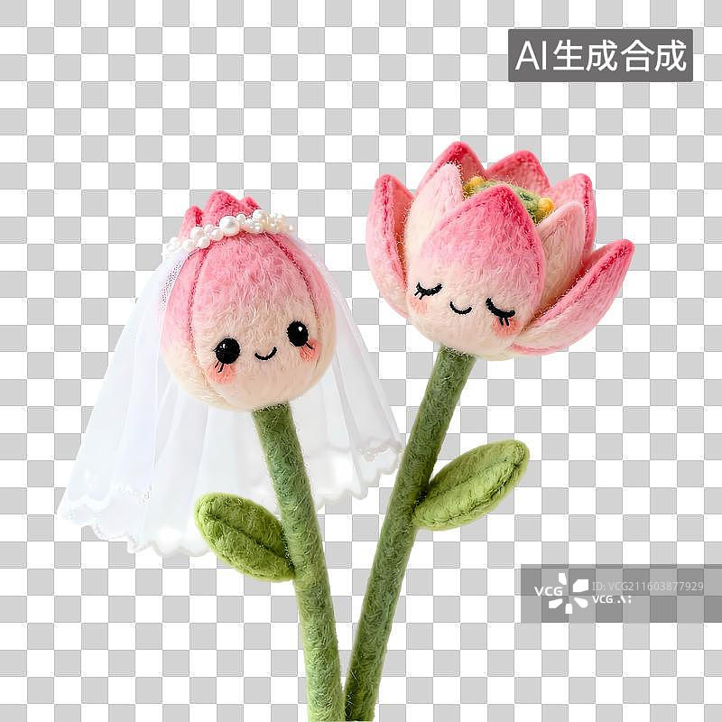【AI数字艺术】一双并蒂莲花郁金香头纱鲜花拟人3D卡通清新温暖毛毡风C4D渲染插画元素图片素材