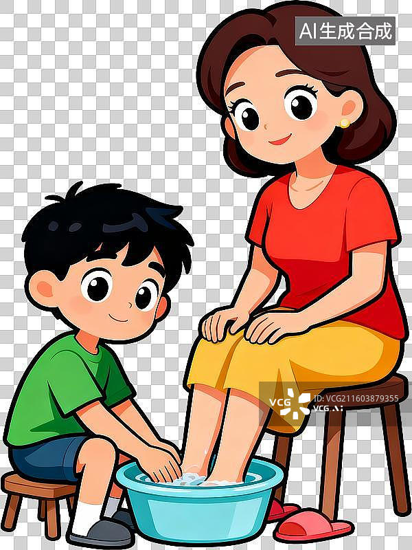 【AI数字艺术】和妈妈洗脚的卡通插画元素图片素材