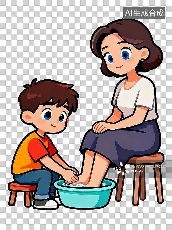 【AI数字艺术】和妈妈洗脚的卡通插画元素图片素材