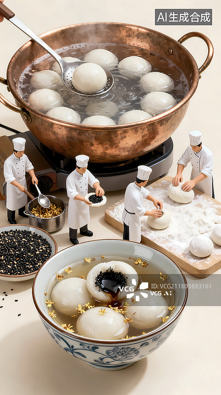 【AI数字艺术】微距古代制作汤圆煮元宵创意海报场景图片素材