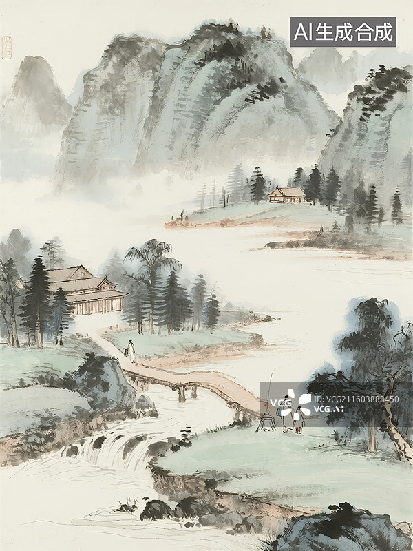 【AI数字艺术】山水画中人物过桥图片素材