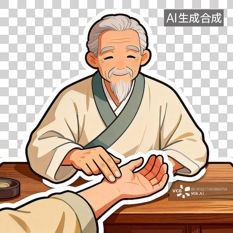 【AI数字艺术】正在诊脉的老中医2D插画贴纸免抠元素图片素材
