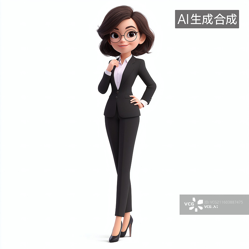 【AI数字艺术】一位穿着职业装的卡通女性，双手抱臂，若有所思图片素材