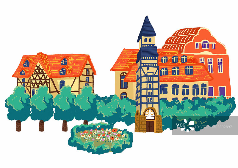 插画二维手绘风科玛小镇（金堂）建筑小镇图片素材