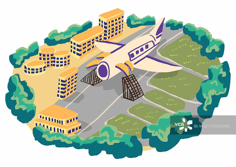 插画二维手绘风双流航空经济区机场飞机停机坪图片素材