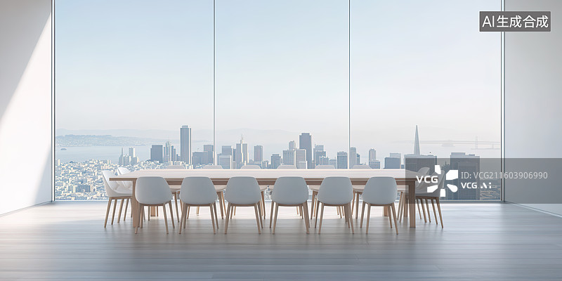 【AI数字艺术】极简风白色明亮整洁的带有落地窗的会议室室内空间图片素材