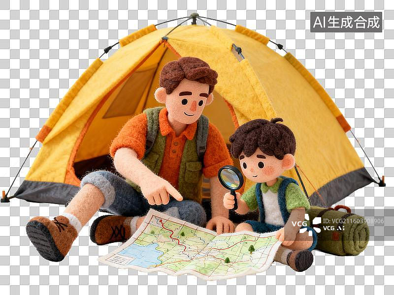 【AI数字艺术】父子户外探索地图与放大镜图片素材