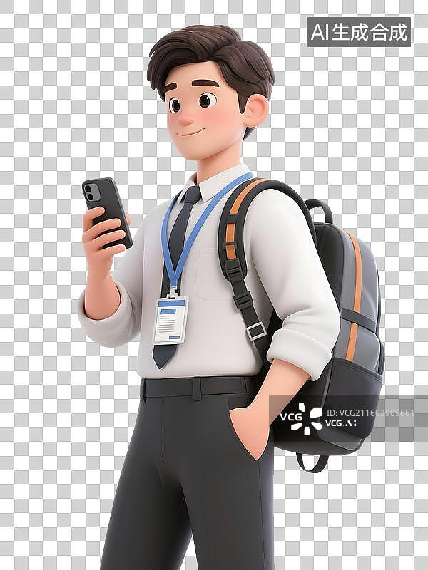 【AI数字艺术】AIGC：拿着手机背着电脑包的职场新人，青年，招聘，商务人士，元素，免抠图形图片素材