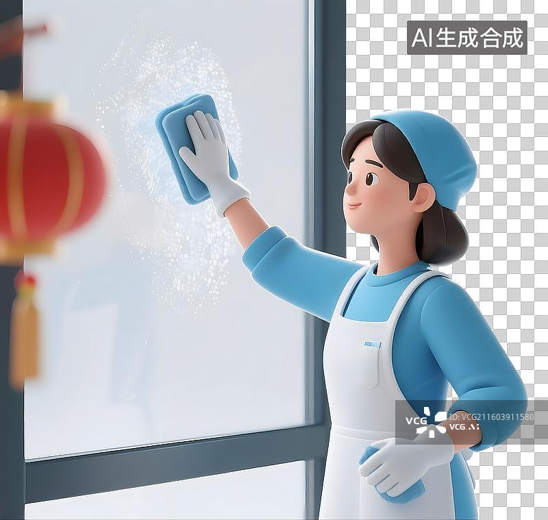 【AI数字艺术】AIGC：3D卡通年俗擦玻璃，大扫除，家政服务，清洁公司，元素，免抠图图片素材