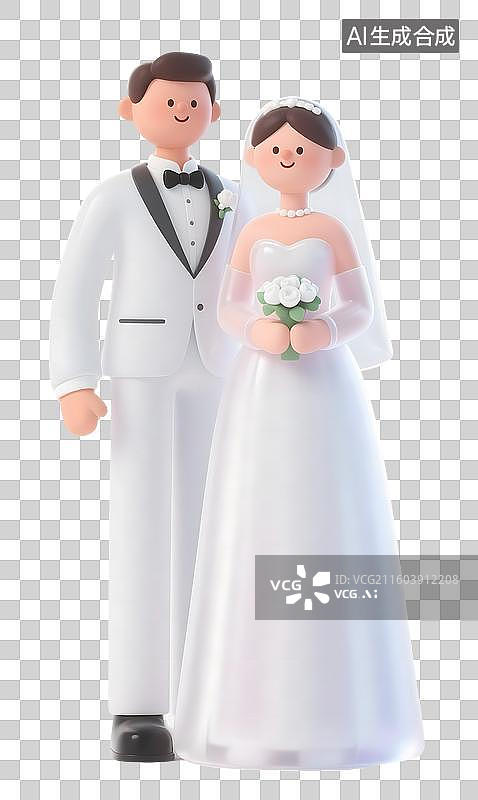 【AI数字艺术】AIGC：3D磨砂玻璃质感西式婚礼新人，婚纱，结婚，情人节，设计元素，免抠图图片素材