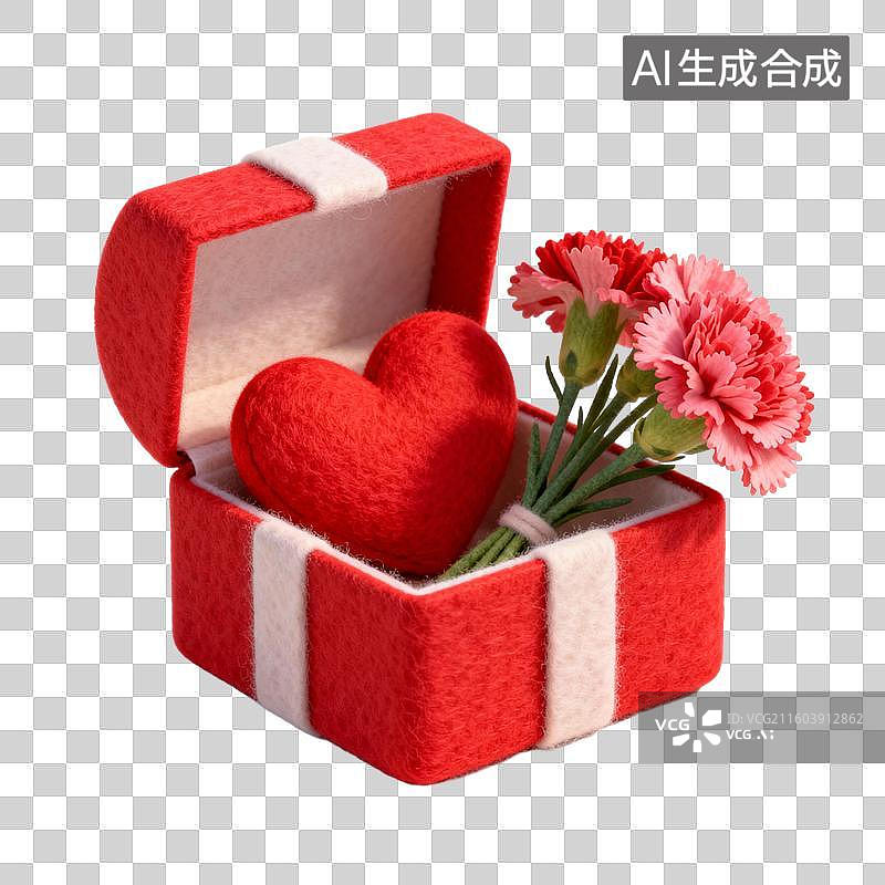 【AI数字艺术】红色礼盒与心形及康乃馨图片素材