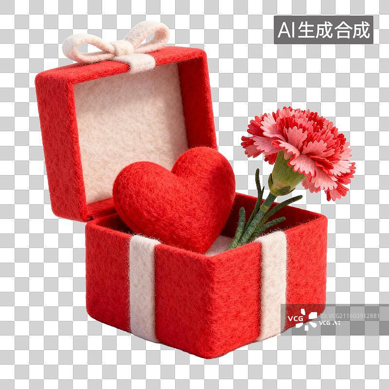 【AI数字艺术】红色礼盒与心形及康乃馨图片素材