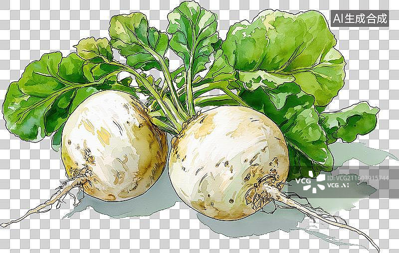 【AI数字艺术】白萝卜带绿叶插画图片素材