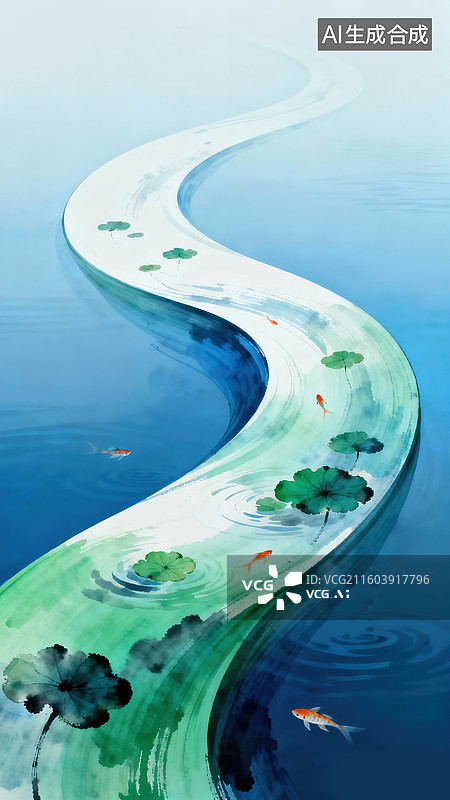 【AI数字艺术】水墨曲溪荷鲤图图片素材