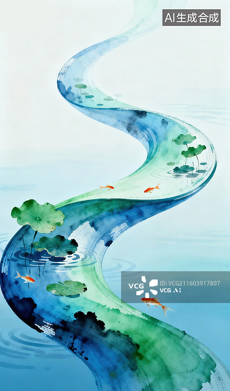【AI数字艺术】水墨曲溪荷鲤图图片素材