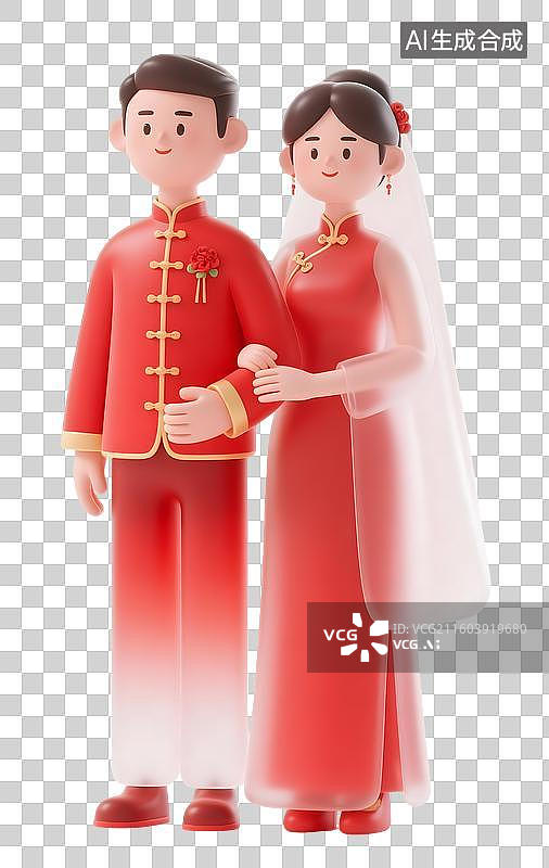 【AI数字艺术】AIGC：穿中式服装的青年新婚夫妻，中式婚礼，传统文化，轻拟物风格，元素，免抠图图片素材