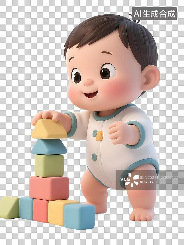 【AI数字艺术】AIGC：3D卡通玩积木的婴幼儿，益智游戏，儿童早教，设计元素免抠图形图片素材