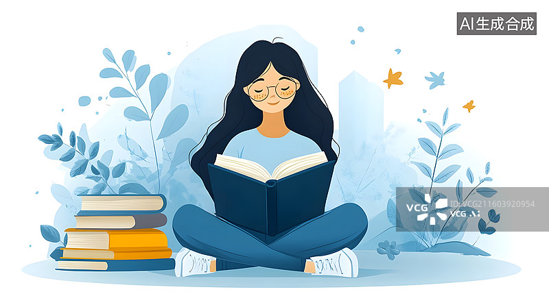 【AI数字艺术】读书的女孩读书日学习插画图片素材