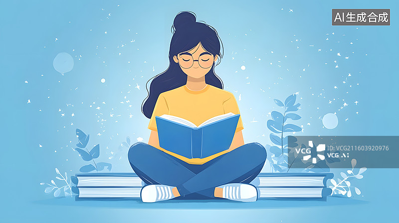 【AI数字艺术】读书的女孩读书日学习插画图片素材