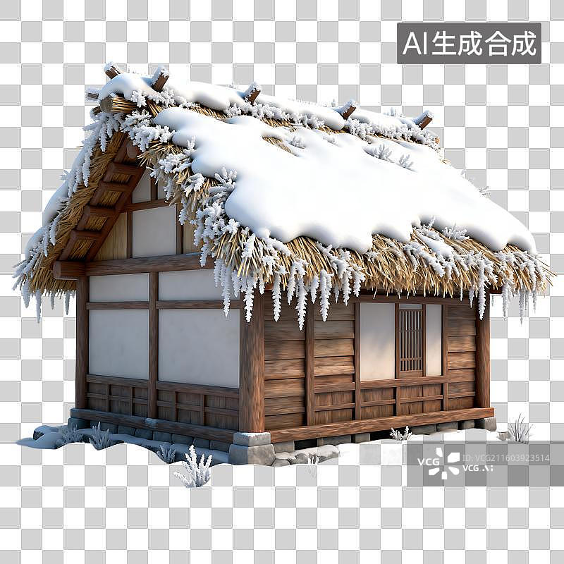【AI数字艺术】冬日积雪覆盖的传统茅草屋图片素材