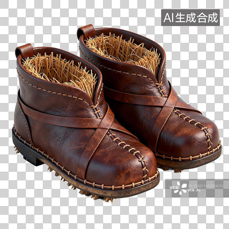 【AI数字艺术】传统棕色皮革内衬稻草靴子图片素材