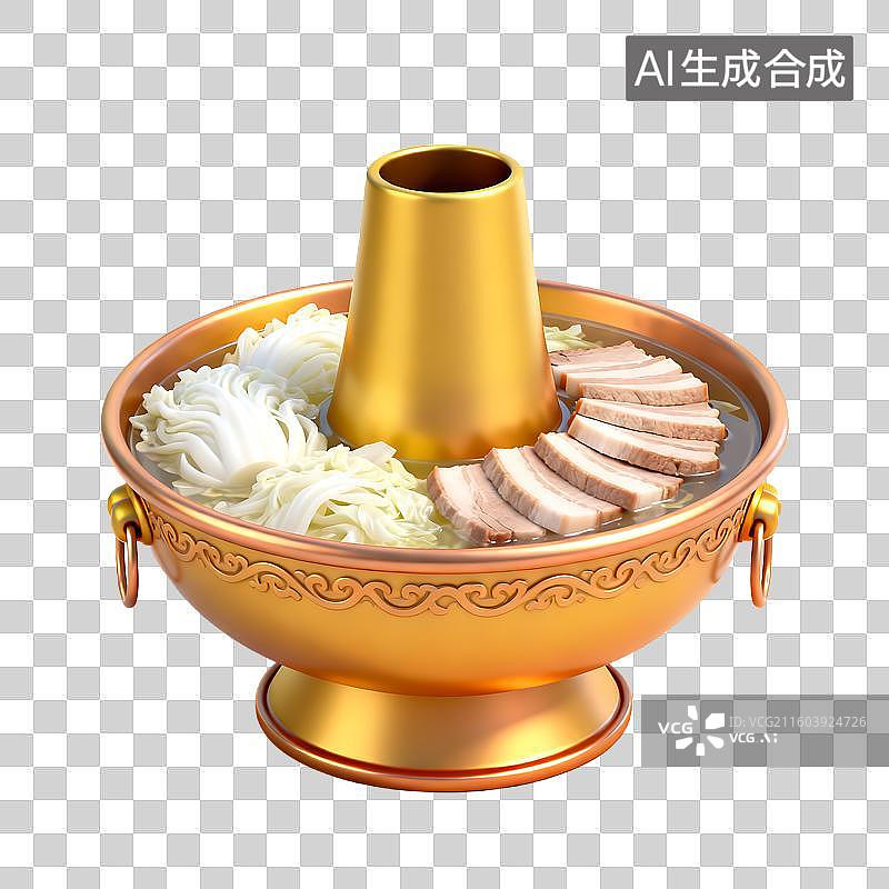 【AI数字艺术】金色火锅内有面条和肉片图片素材
