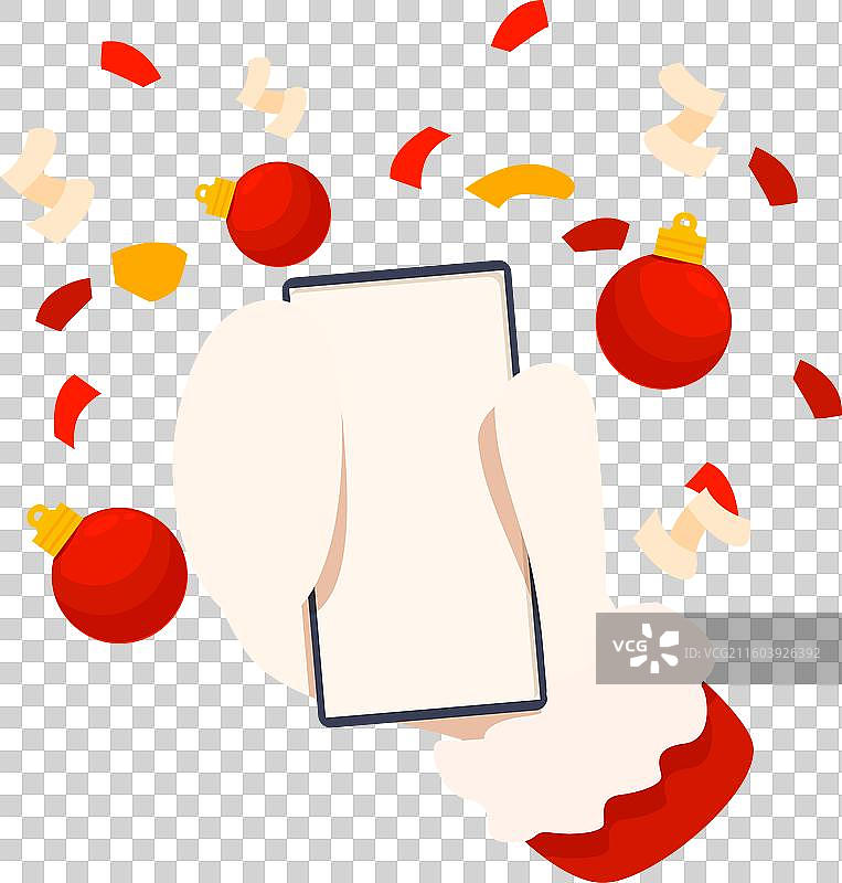 圣诞老人拿着一部空白屏幕的智能手机图片素材