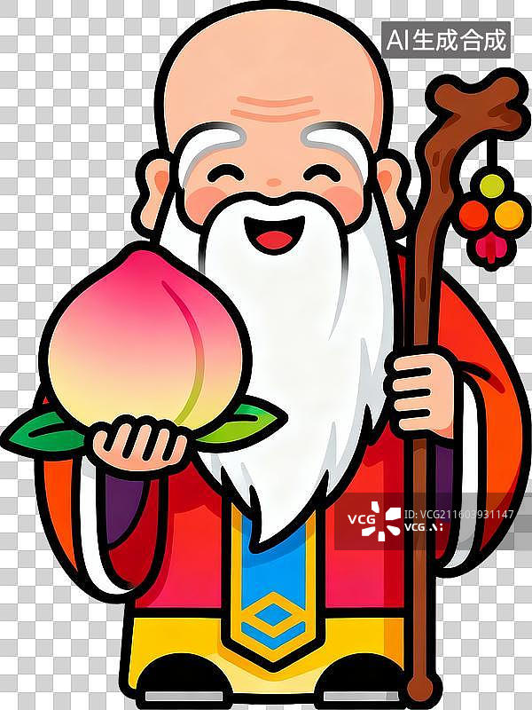 【AI数字艺术】色彩的插画风格手拿寿桃的寿星图片素材