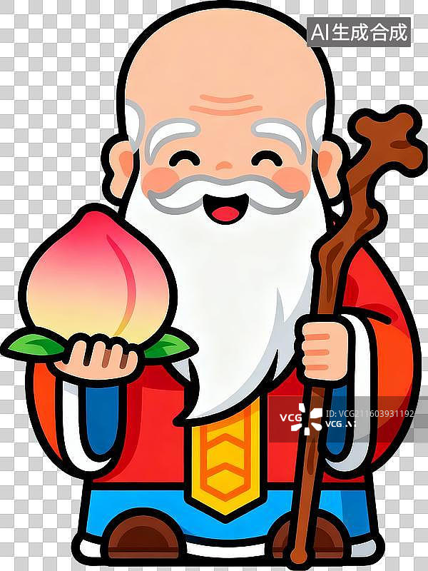【AI数字艺术】色彩的插画风格手拿寿桃的寿星图片素材