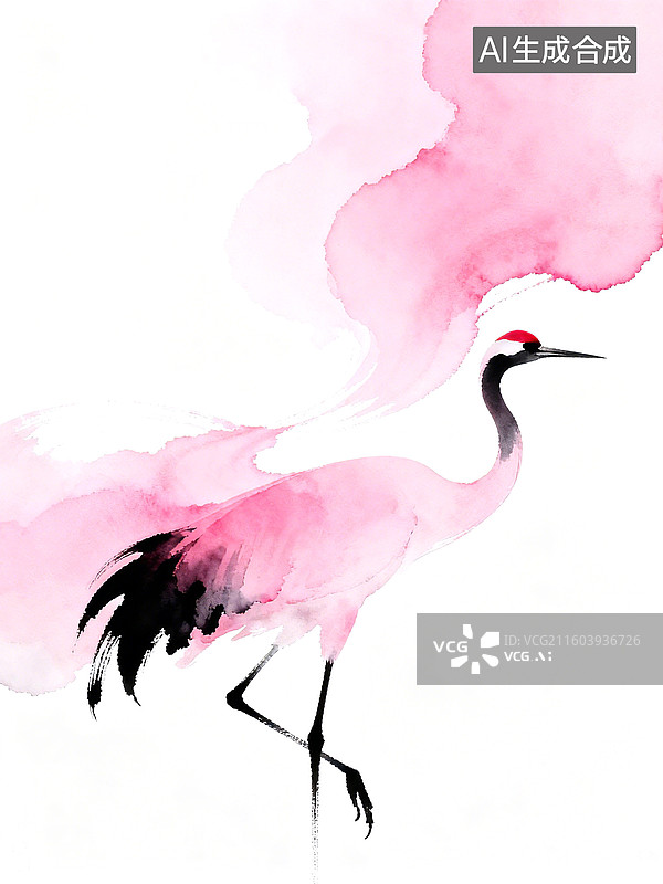 【AI数字艺术】一只粉色丹顶鹤优雅站立，背景为柔和的粉色水彩晕染图片素材