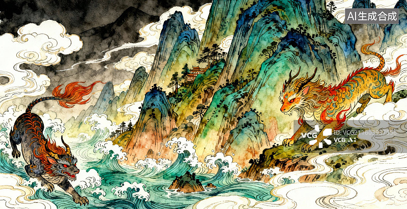 【AI数字艺术】双龙戏水山川图图片素材
