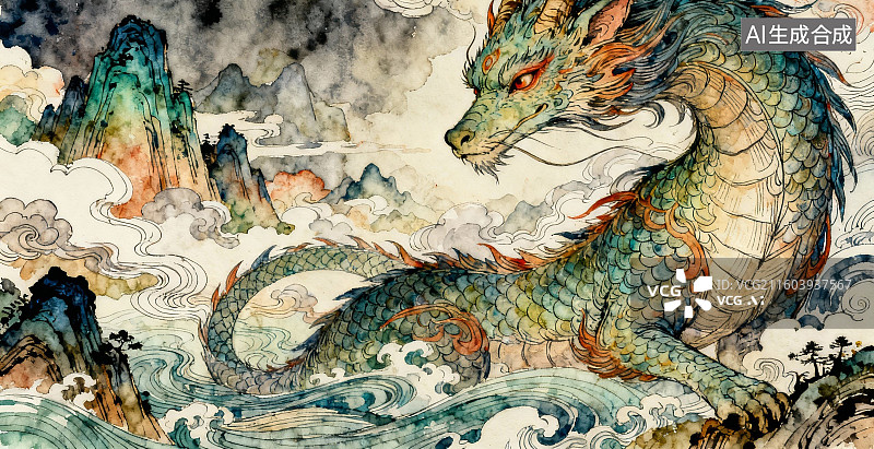 【AI数字艺术】龙腾云海山水画卷图片素材