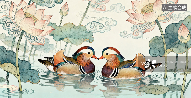 【AI数字艺术】鸳鸯戏水荷花池图片素材