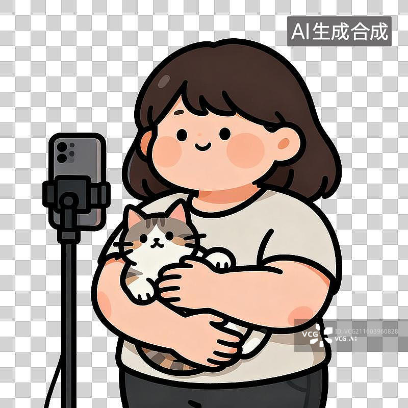 【AI数字艺术】女子抱猫进行直播画面图片素材