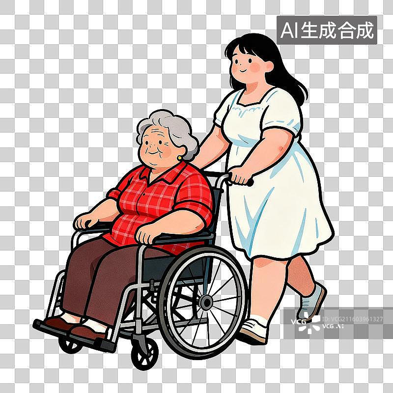 【AI数字艺术】年轻女子推坐轮椅的老年女性图片素材