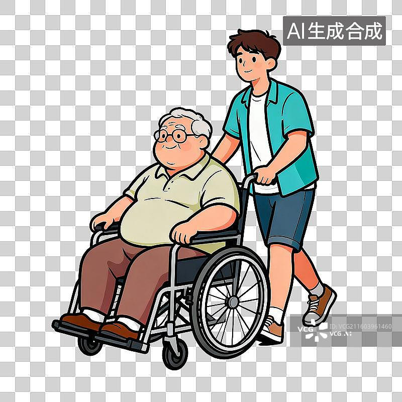 【AI数字艺术】年轻男子推着坐轮椅的老人图片素材