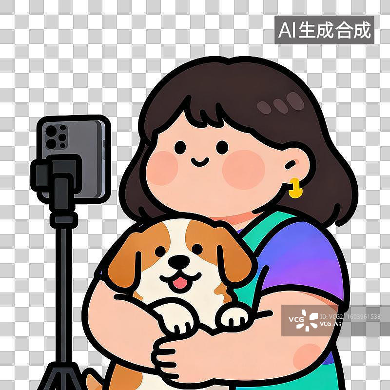 【AI数字艺术】女子抱狗用三脚架自拍图片素材