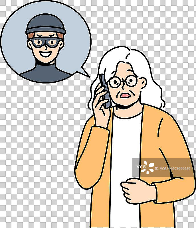 一位老年妇女正在与电话诈骗者交谈图片素材