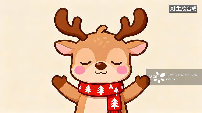 【AI数字艺术】卡通驯鹿戴围巾闭眼微笑图片素材